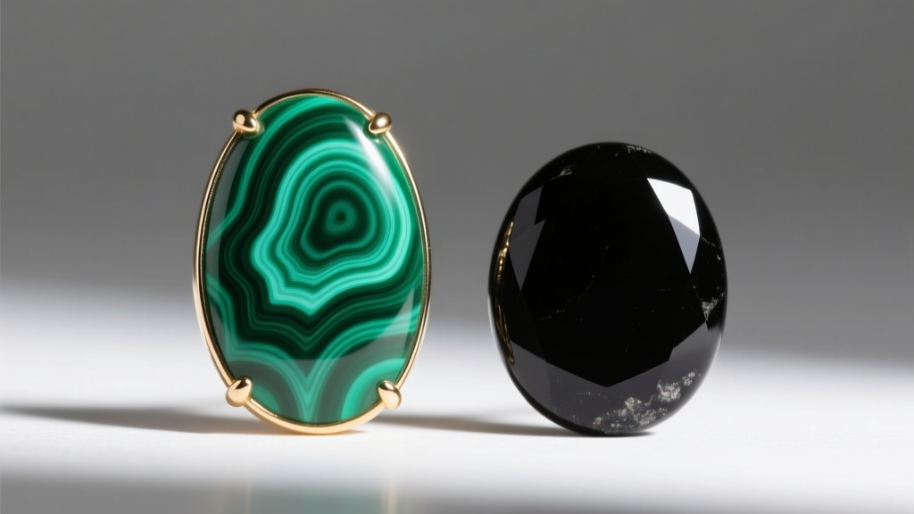 Extreme close-up comparing natural green malachite striations of a Sweet Alhambra earring against a solid black onyx variant.