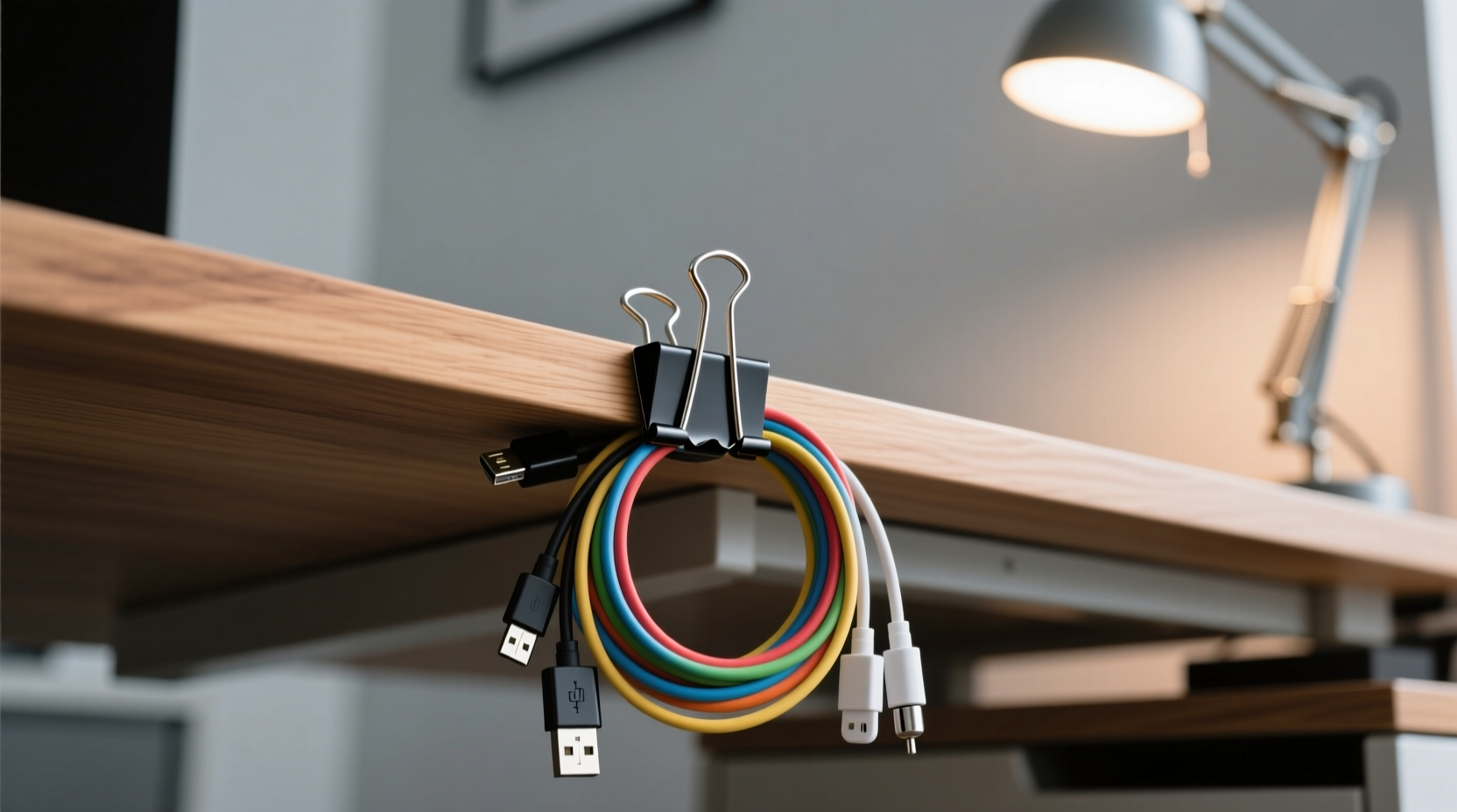 attach cables to the edge of your desk with binder clip