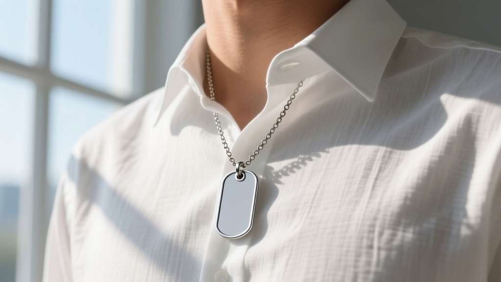 Matte silver dog tag pendant on a 1.5mm box chain, worn over a crisp white linen shirt collar in bright, natural morning sunlight.