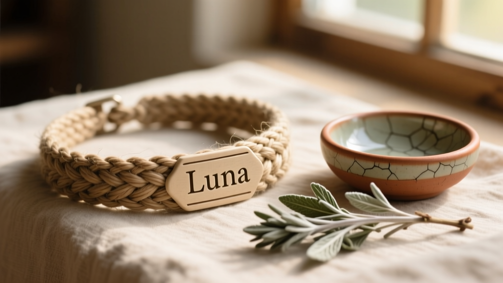 Close-up of a handmade hemp collar engraved with the word 'Luna', resting beside a small ceramic dish and a sprig of dried sage