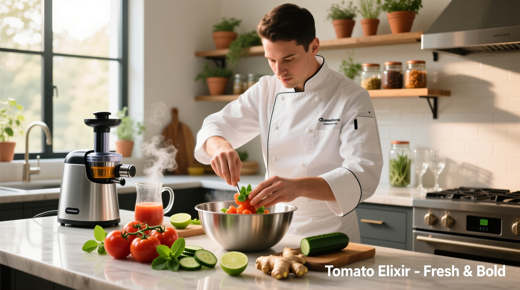 Chef preparing tomato juice alternatives in kitchen