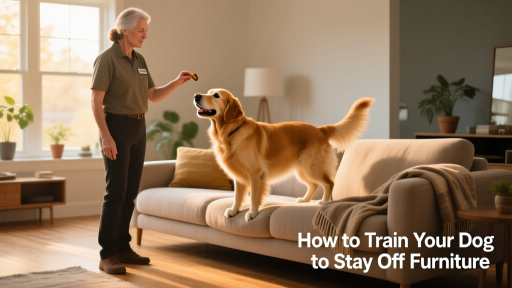 A trainer calmly saying 'off' while their dog steps down from a sofa, with a treat held ready in hand