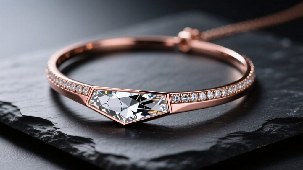 Rose gold bezel-set diamond slice necklace on dark slate, showing raw inclusions and flat shape under soft moody studio lighting