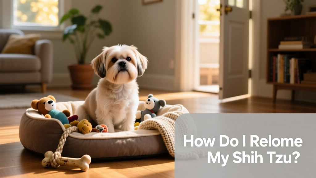 A calm, well-groomed Shih Tzu sitting beside a cozy dog bed with toys nearby