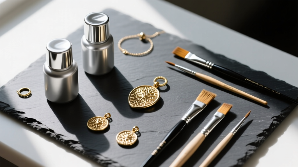 Overhead view of a DIY jewelry station with silver paint for jewelry, brass pendant blanks, and fine brushes on dark slate