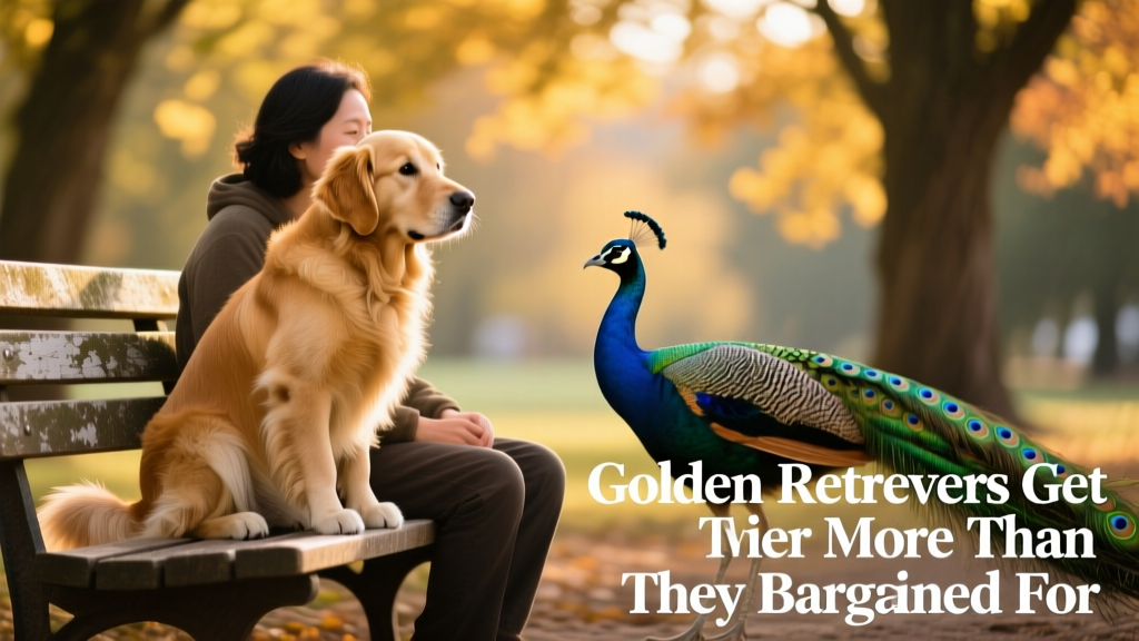 A calm Golden Retriever sitting beside its owner on a park bench, looking relaxed and happy, with soft natural lighting