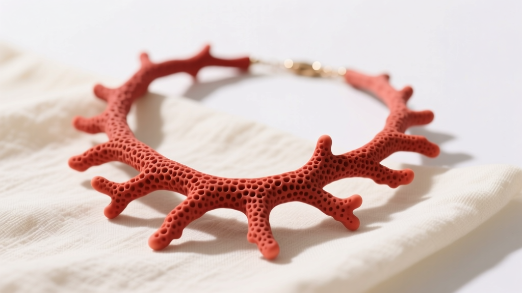 Red organic coral branch necklace on cream linen, highlighting natural porous texture and matte finish under soft studio lighting.