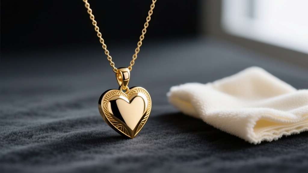 Close-up of a 14k gold toggle heart necklace resting on dark charcoal velvet beside a soft microfiber jewelry polishing cloth