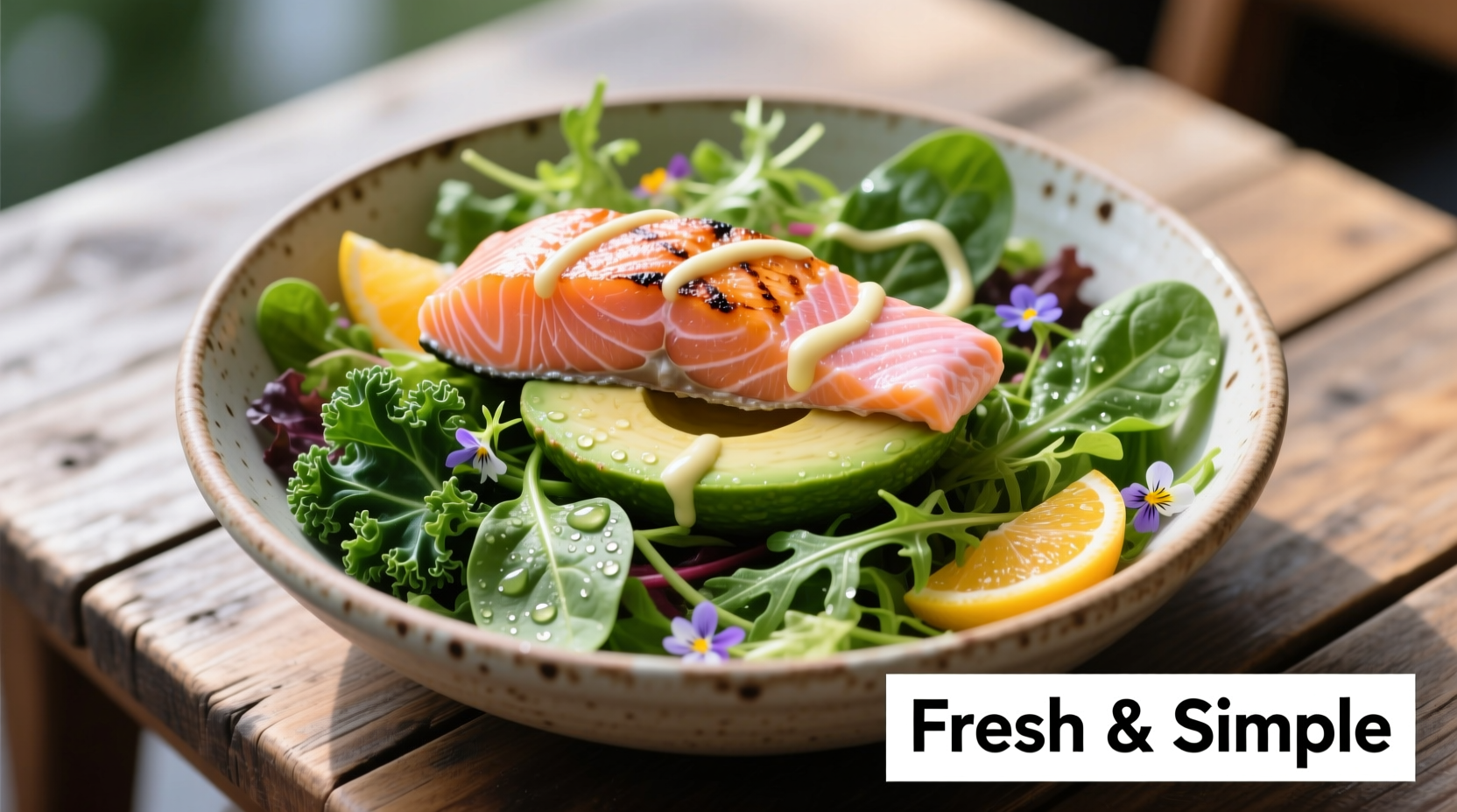 Salmon and avocado salad bowl with leafy greens