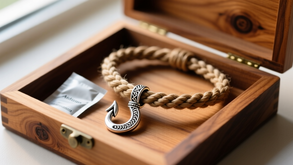 Braided hemp cord necklace with a sterling silver Hawaiian hook pendant laid next to anti-tarnish strips in a cedar jewelry box.