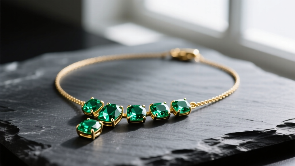 Close-up of a delicate 14k gold station necklace featuring a trail of six bezel-set Colombian emeralds resting on dark slate