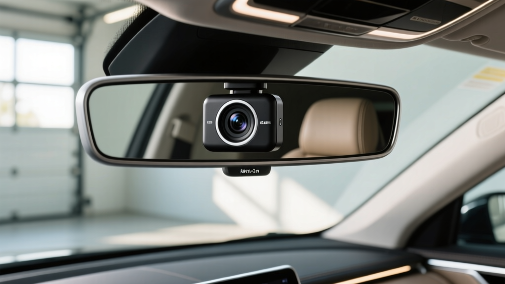 Close-up of the ultra-compact AllCrazyUlt Nano-Cam Pro mounted discreetly behind a modern car rearview mirror in 2026
