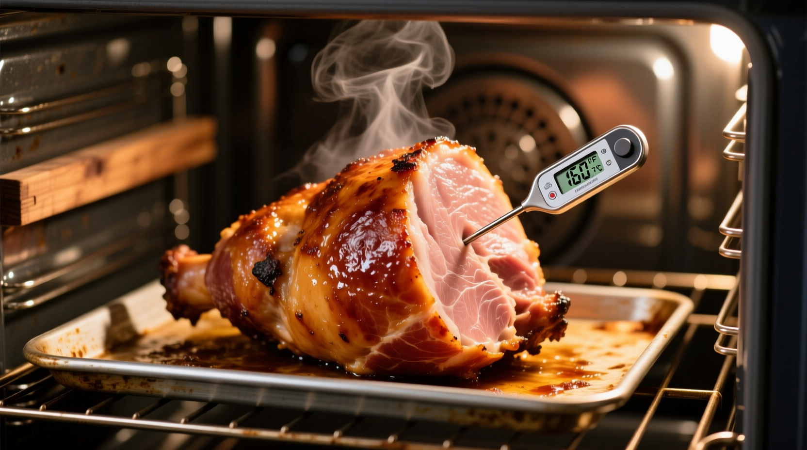 Fully cooked ham baking in oven with thermometer