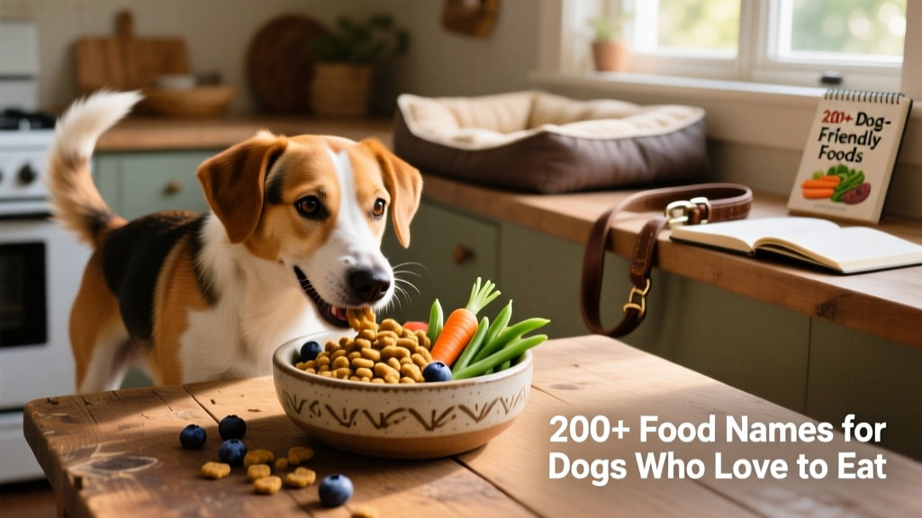 A happy, medium-sized dog eagerly eating from a ceramic bowl filled with kibble and fresh veggies
