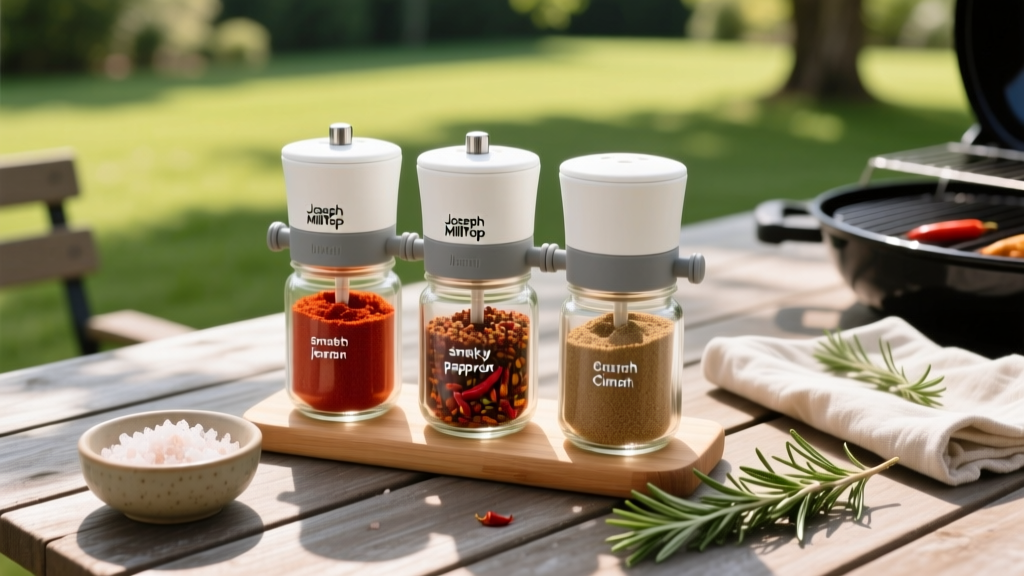 Overhead shot of an organized outdoor BBQ prep station featuring Joseph Joseph MillTop grinders attached to glass mason jars of rubs