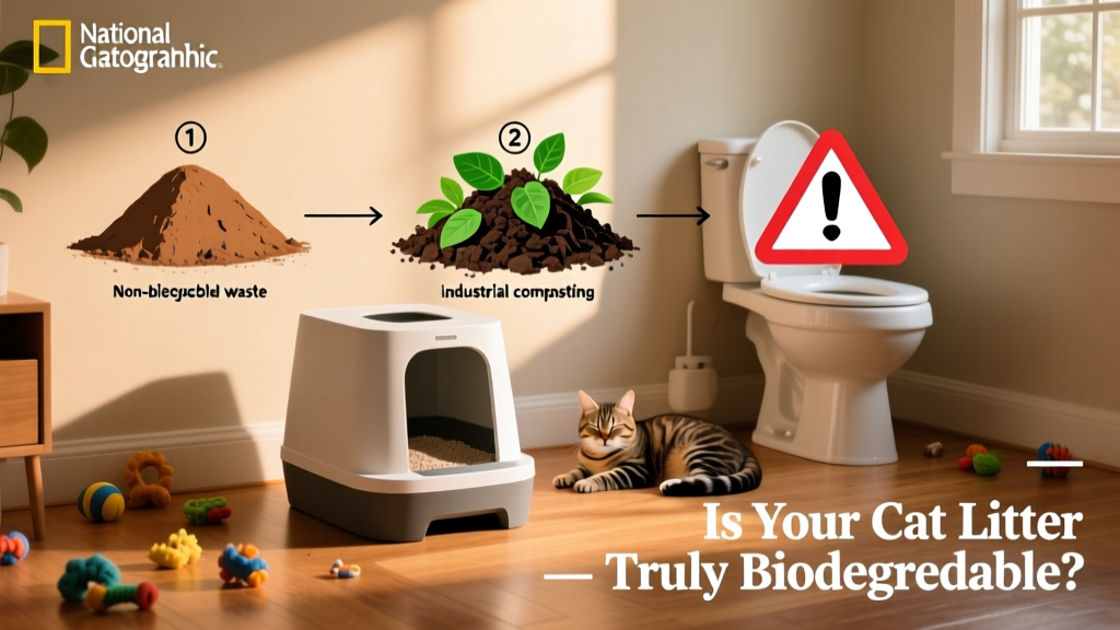 Infographic showing three disposal paths: landfill (clay), industrial compost (plant-based), and caution sign over toilet (flushing)
