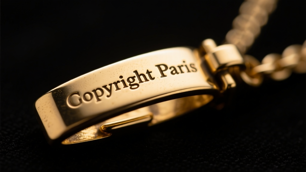 Macro photo of a stamped Givenchy copyright Paris hallmark on a gold-tone vintage pendant clasp under bright, focused lighting