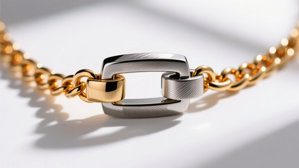 Close-up of a brushed titanium magnetic necklace clasp snapping together, with a heavy gold chain attached under studio lighting.