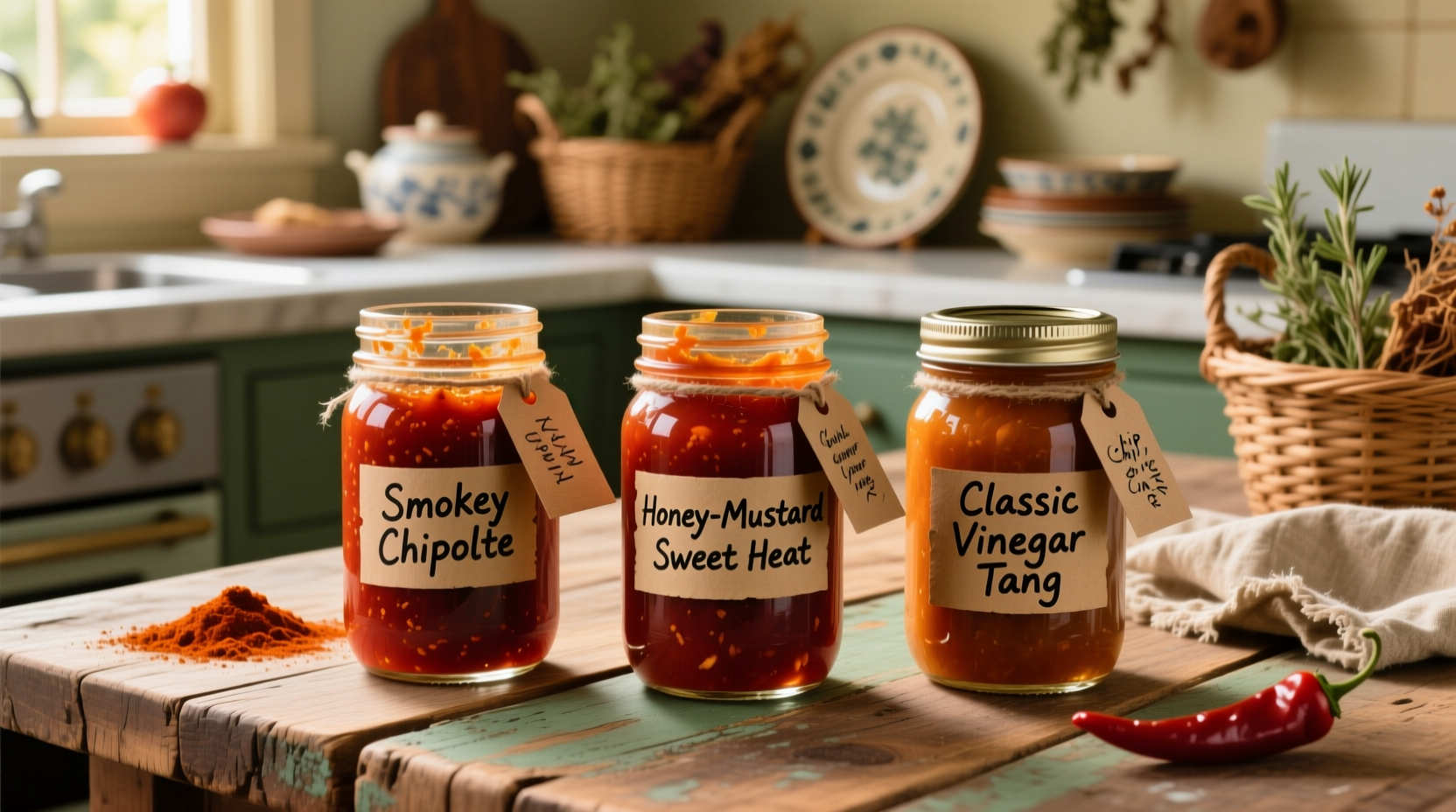Three jars of homemade tomato-free BBQ sauces