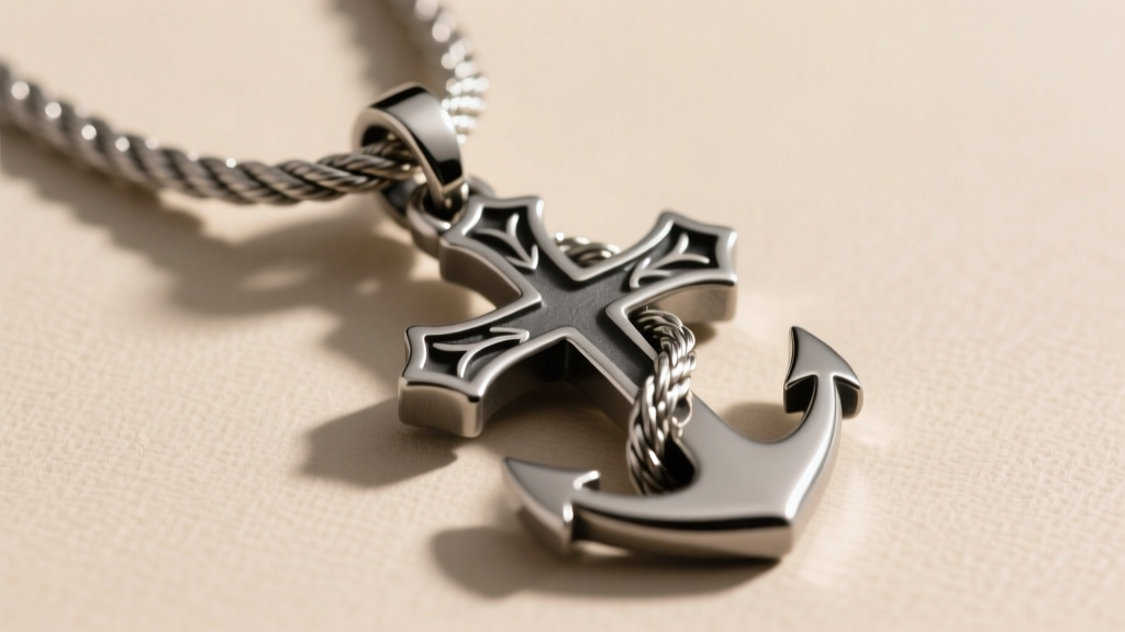 Close-up of a 3.0mm solid rope chain threading through the oversized bail of a heavy titanium cross and anchor pendant