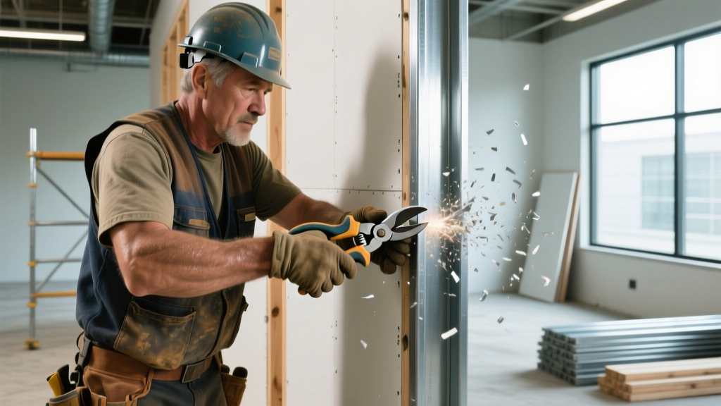 Construction worker using aviation snips to cut a 25-gauge galvanized steel stud while framing an interior commercial partition wall