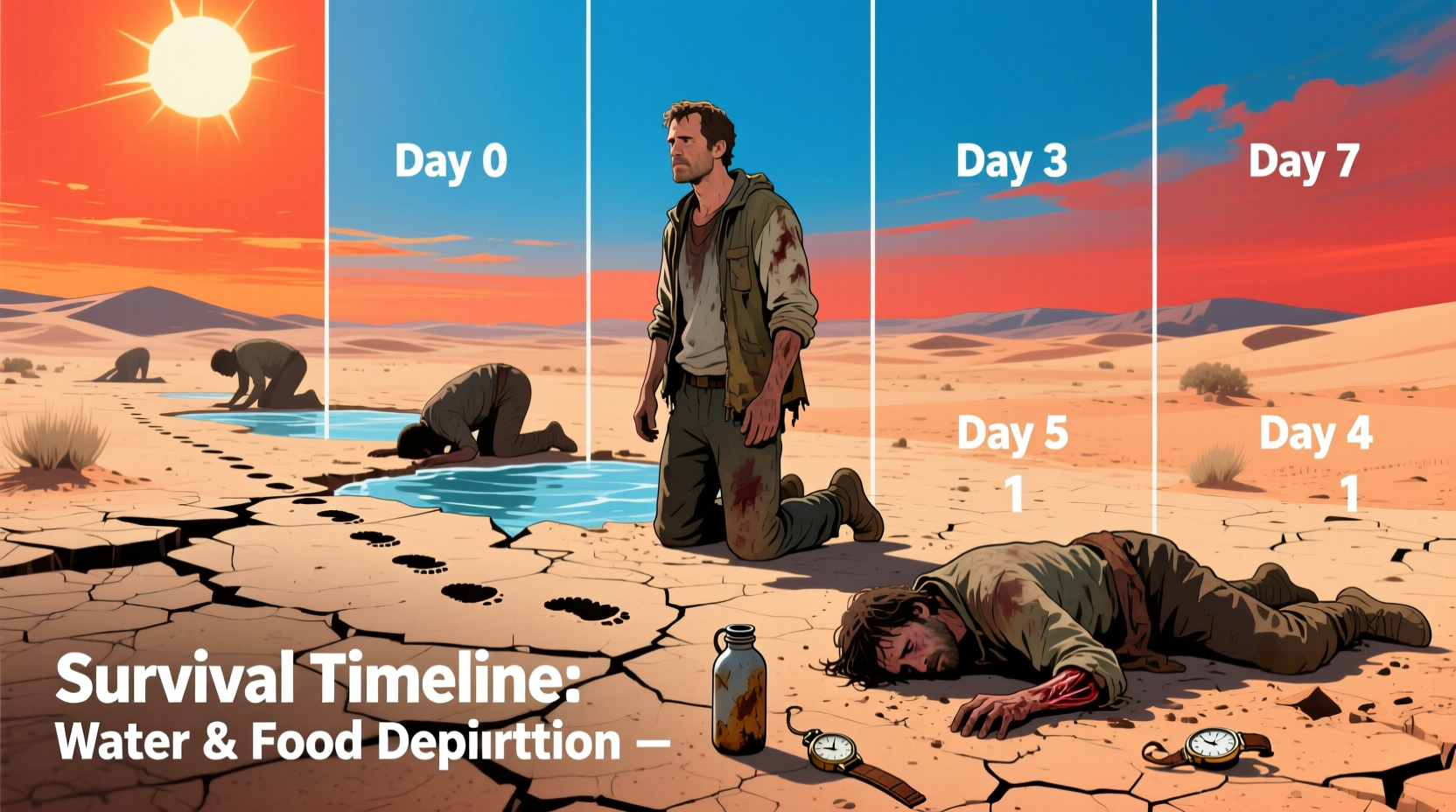 Human survival timeline without water and food