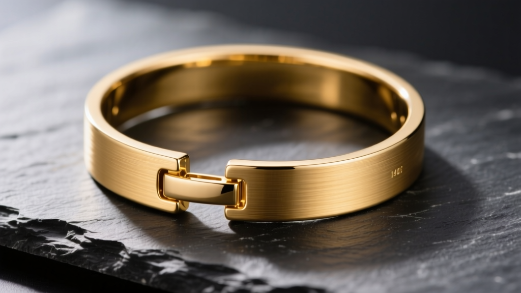 Close-up of a polished 14k yellow gold cuff necklace on dark slate, highlighting the seamless hinge and brushed metallic finish