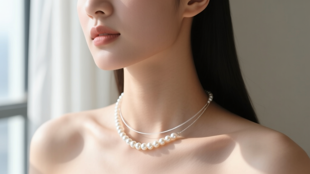 Close-up of a woman wearing a delicate floating necklace pearl on clear illusion wire against her collarbone in soft natural daylight