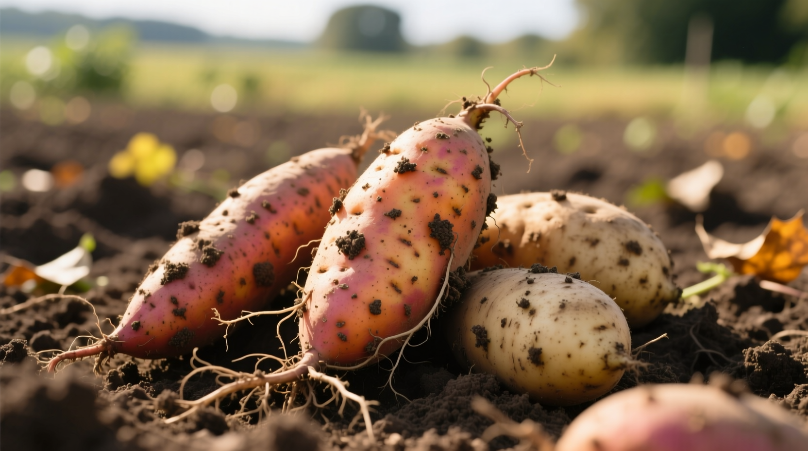Freshly harvested sweet potatoes with soil still visible