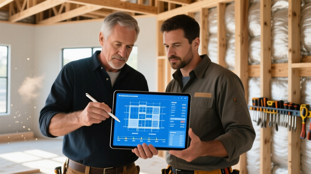 Architect and contractor reviewing digital construction cost estimate blueprints on a tablet at a residential framing site