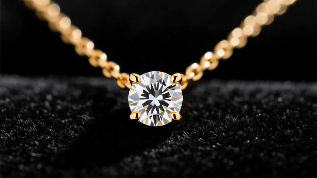 Close-up of a delicate 14k yellow gold pendant necklace featuring a round diamond in a four-prong setting on dark velvet.