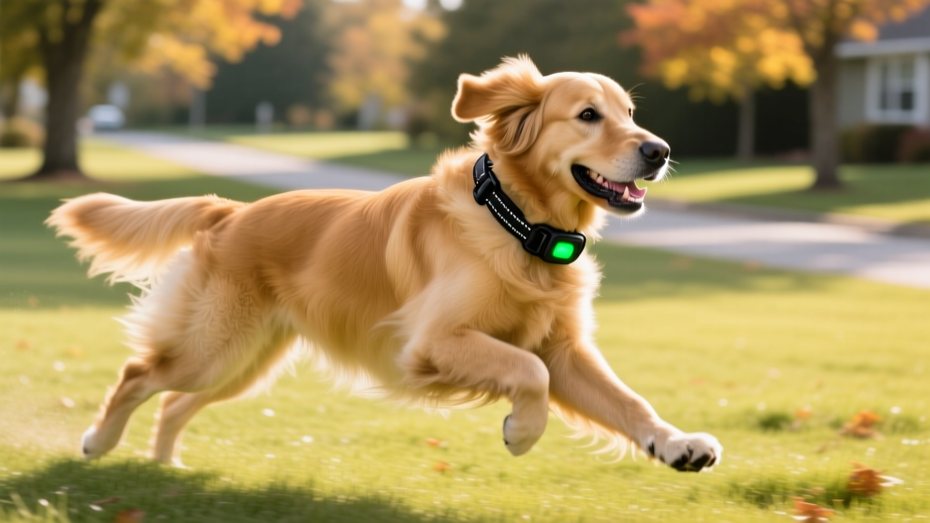 Golden retriever running in a park wearing a rugged, waterproof GPS tracking collar with a subtle green LED status light