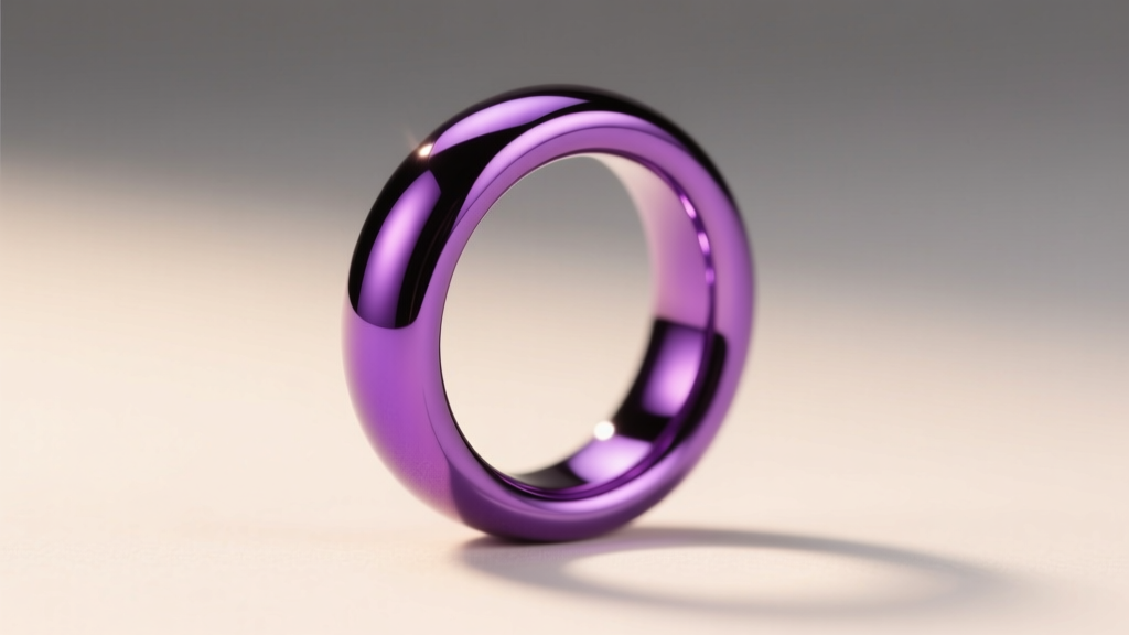 Close-up of a vibrant purple anodized titanium septum ring showing the smooth, pore-free mirror finish of ASTM F136 metal