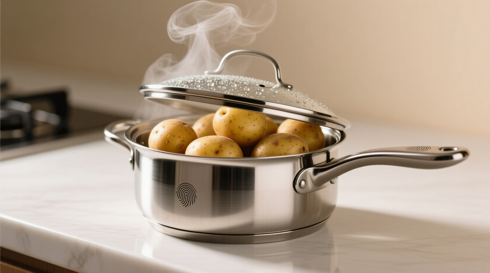 Stainless steel potato steamer with potatoes inside