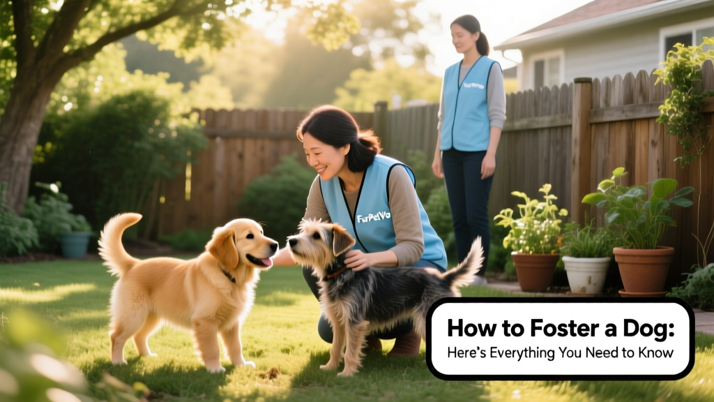 A foster parent calmly introducing two dogs in a quiet backyard space, supervised by a FurPetVo volunteer