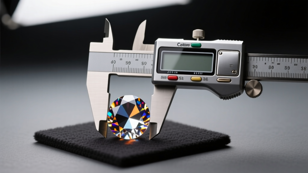 Digital caliper measuring a small round faceted crystal stone on a dark anti-static mat under warm light
