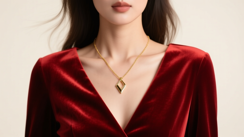 Red velvet V-neck dress paired with a 14k gold Y-chain necklace and small geometric pendant under soft, diffused studio lighting.