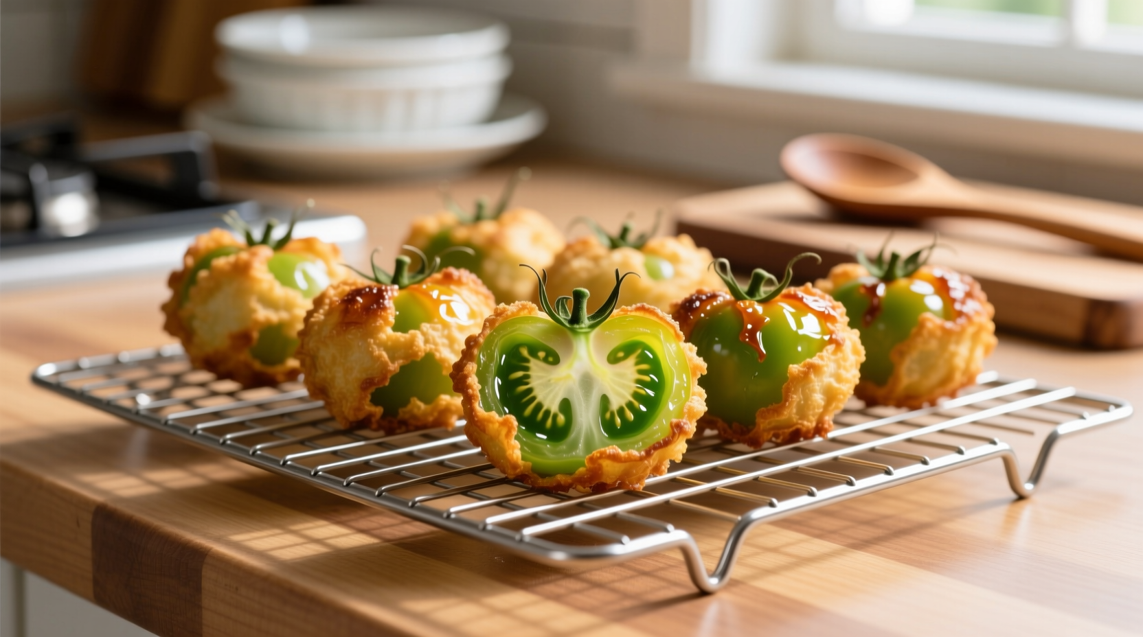 Golden fried green tomatoes on wire rack
