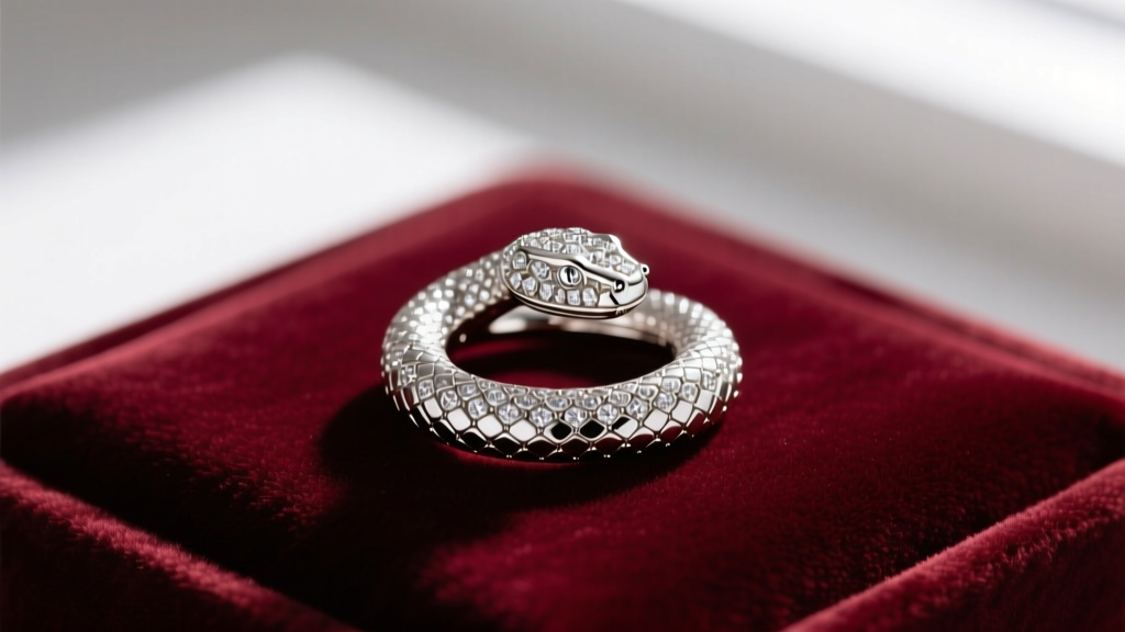 Macro shot of a Bvlgari Serpenti diamond earring on velvet, highlighting 18k white gold scales and brilliant-cut pavé diamonds