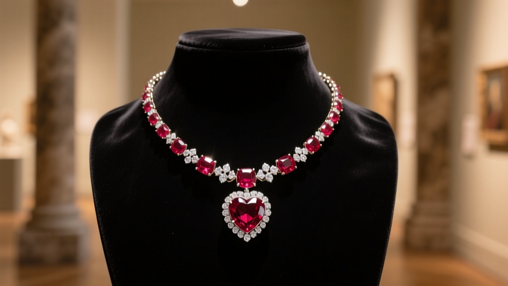Close-up of a luxurious ruby and diamond heart necklace draped over a black velvet display bust under warm gallery lighting.