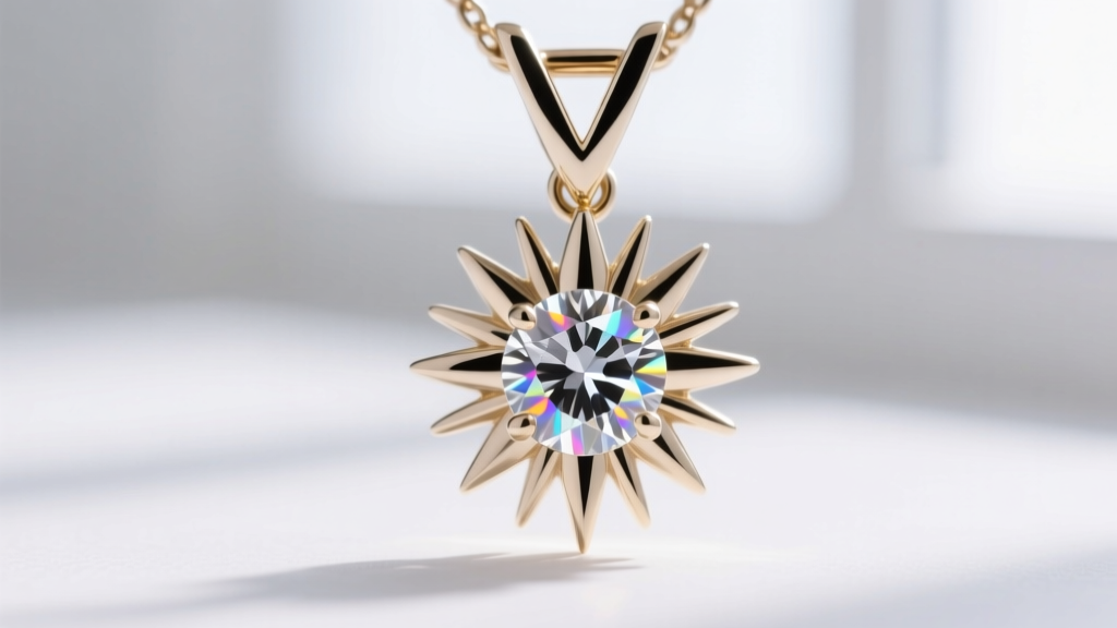 Macro photography of a 14k white gold sunburst pendant setting showing detailed V-prongs securing a round brilliant center moissanite stone