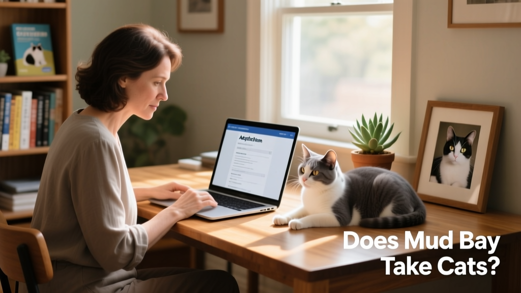 Person reviewing cat adoption applications on a laptop, with a calm cat resting nearby