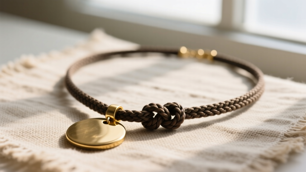 Overhead flat-lay of a handmade adjustable waxed cotton necklace with a brass pendant and macrame sliding knot on a linen backdrop