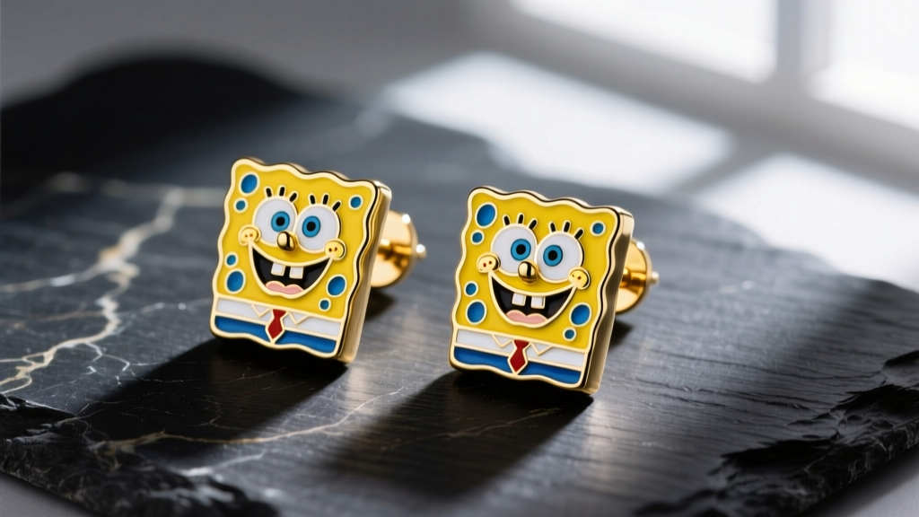Macro shot of 14k gold SpongeBob SquarePants stud earrings with bright enamel detailing, resting on a dark textured slate surface