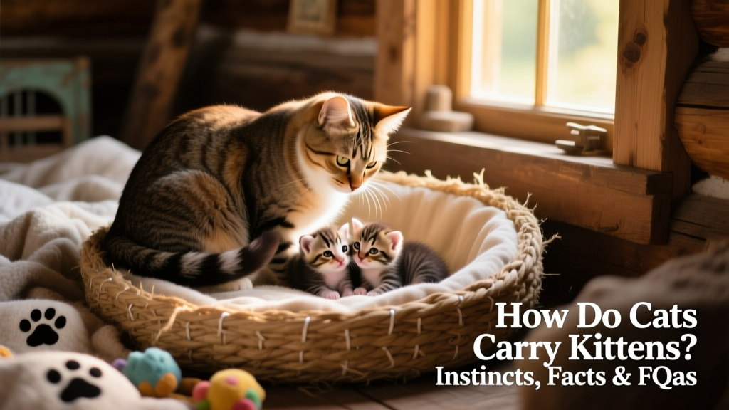Mother cat settling her kittens in a cozy, secluded nesting box