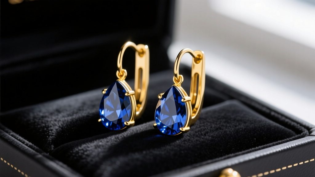 Close-up of elegant 18k yellow gold lever back earrings featuring teardrop sapphires, resting on a dark velvet gift box lining