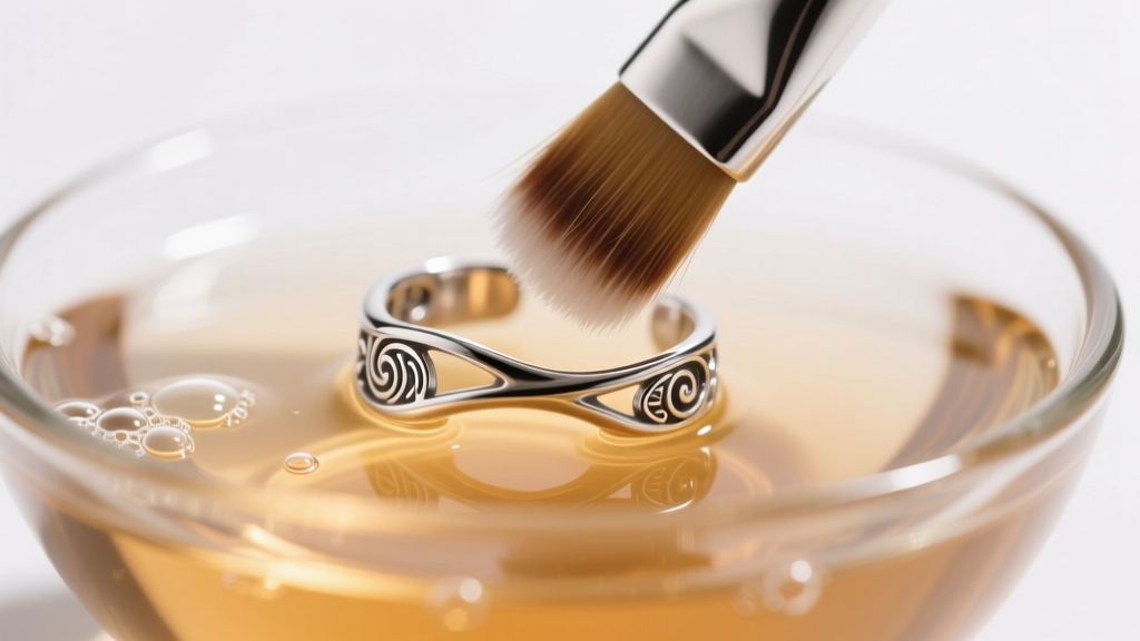 Soft brush cleaning an Argentium silver ear cuff in a bowl of warm soapy distilled water under bright, clean studio lighting.