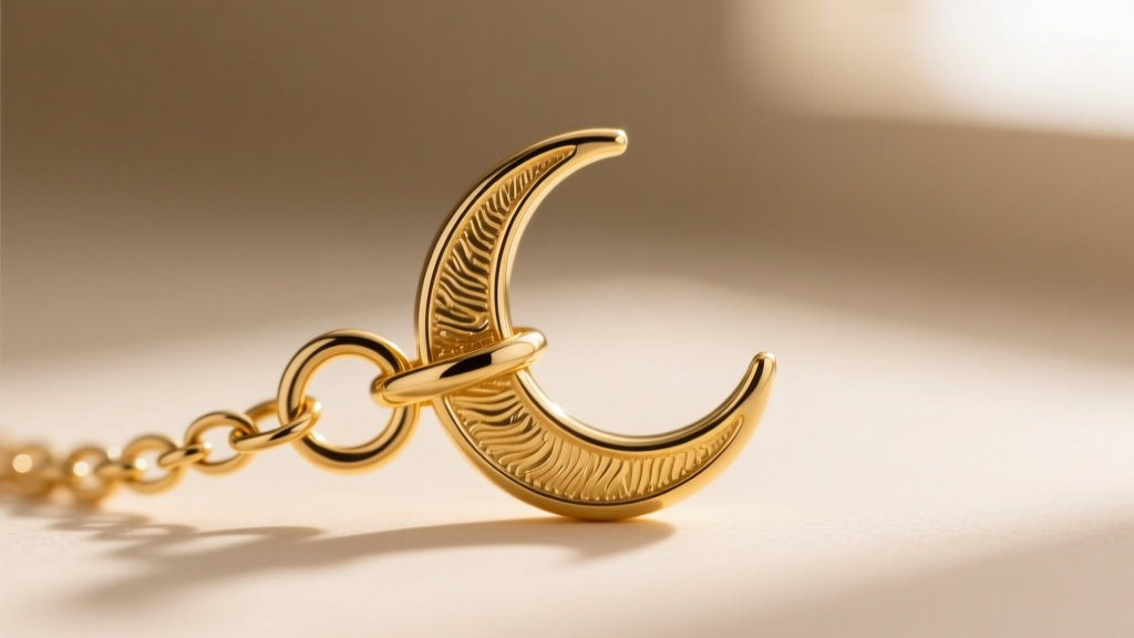Macro shot of gold vermeil moon pendant clasp showing spring ring and soldered jump ring against softly blurred neutral background