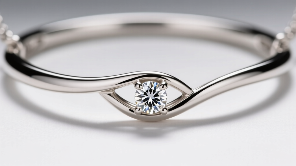 Macro shot of platinum curved bar necklace prongs, showing secure metal claws gripping a small round brilliant cut melee diamond