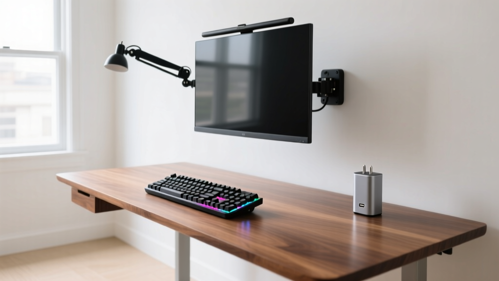 A meticulously organized micro home office featuring a wall-mounted monitor arm, an ultra-slim 75 percent keyboard, and a compact GaN charger on a small walnut desk.